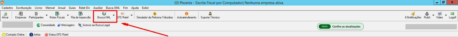 Tela do software G5 Phoenix com destaque em um quadrado vermelho e seta apontando para o botão "Busca XML" na barra de ferramentas.