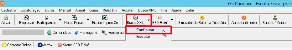 Menu superior do software G5 com a opção Busca XML expandida e o botão Configurar selecionado em destaque vermelho.