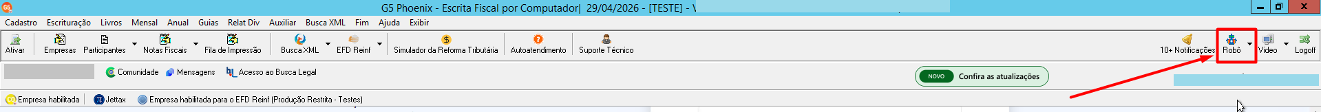Menu superior do G5 destacando o ícone do Robô no canto direito com um quadrado e uma seta vermelha.