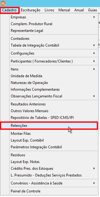 Menu suspenso do sistema G5 com as opções Cadastro e Retenções destacadas por retângulos vermelhos.
