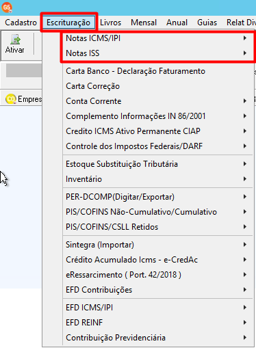 Menu do sistema com a opção Escrituração selecionada, abrindo um submenu onde se destacam as opções de Notas ICMS/IPI e Notas ISS.