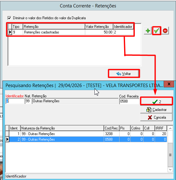 Janelas sobrepostas de Conta Corrente - Retenções e Pesquisando Retenções, detalhando o vínculo do identificador de retenção cadastrada.