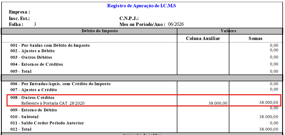 Relatório de Registro de Apuração de ICMS destacando, em um retângulo vermelho, o campo "Outros Créditos" com o valor de R$ 38.000,00.