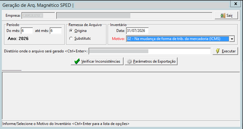 Tela de Geração de Arquivo Magnético SPED, com o motivo do inventário selecionado como "02 - Na mudança de forma de trib. da mercadoria (ICMS)".