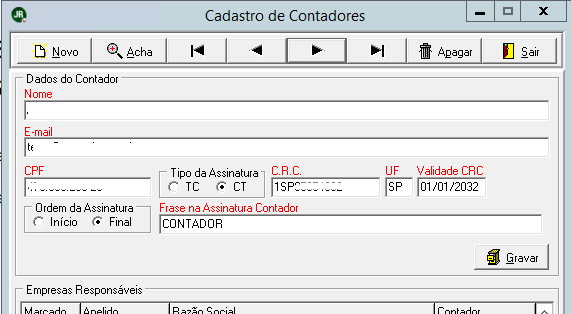 Tela do sistema para Cadastro de Contadores, exibindo campos para Nome, E-mail, CPF, C.R.C., Validade e Frase na Assinatura.