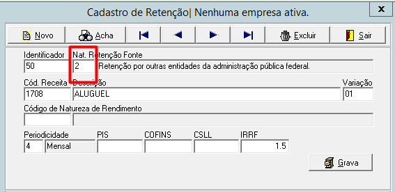 Tela de Cadastro de Retenção com destaque em vermelho no campo "Nat. Retenção Fonte" preenchido com o número 2.