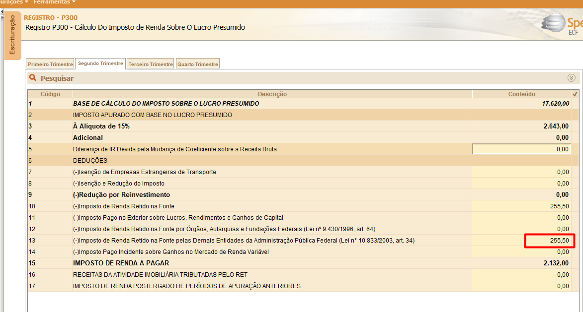 Tela do Registro P300 no ECF destacando em vermelho o valor de 255,50 na linha de imposto de renda retido na fonte por demais entidades.