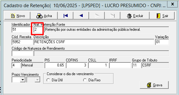 Tela do Cadastro de Retenção destacando em vermelho o campo "Nat. Retenção Fonte" configurado com o dígito 2.