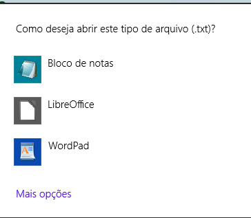 Menu do Windows com o título "Como deseja abrir este tipo de arquivo (.txt)?" listando Bloco de notas, LibreOffice e WordPad.