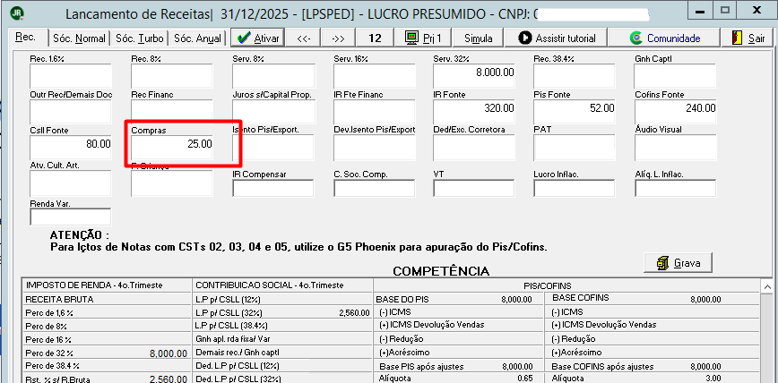 Tela Lançamento de Receitas com destaque retangular vermelho no campo "Compras", preenchido com o valor de 25,00.