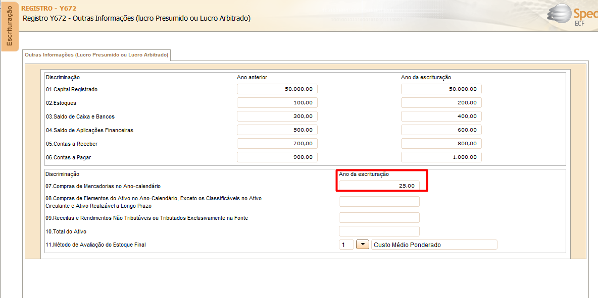 Janela do Registro Y672 com destaque em vermelho para o campo "Ano da escrituração" da linha "07. Compras de Mercadorias no Ano calendário".