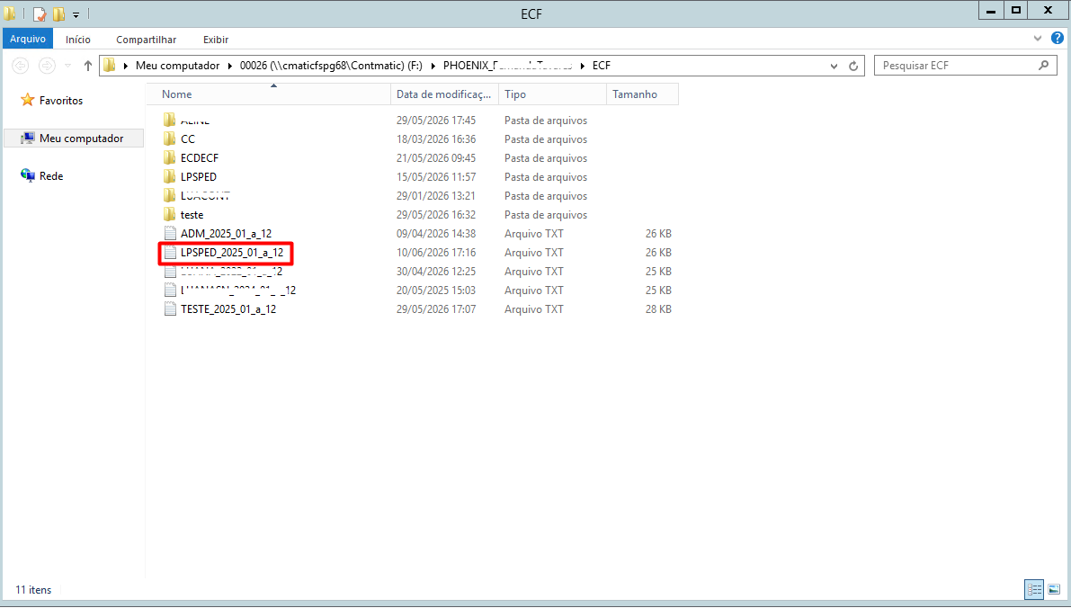 Janela do Windows Explorer exibindo uma lista de arquivos dentro da pasta ECF, com o arquivo de texto "LPSPED_2025_01_a_12" destacado em vermelho.