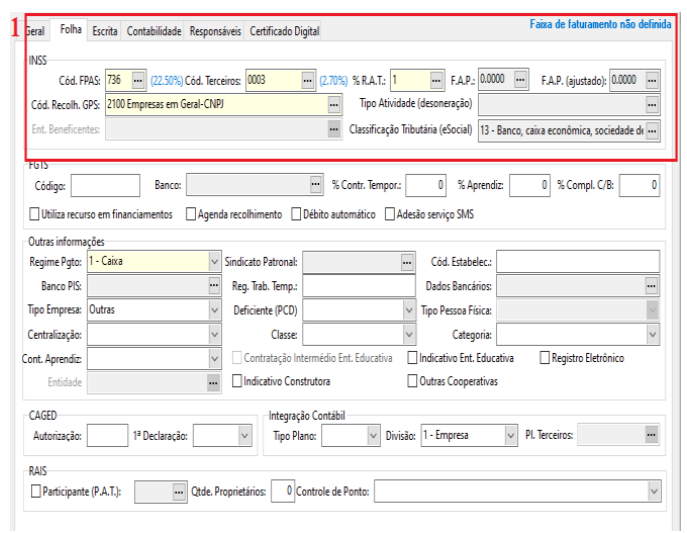Interface de sistema contábil com a aba "Folha" selecionada. A seção do INSS está destacada em vermelho, mostrando códigos e campos de cadastro.