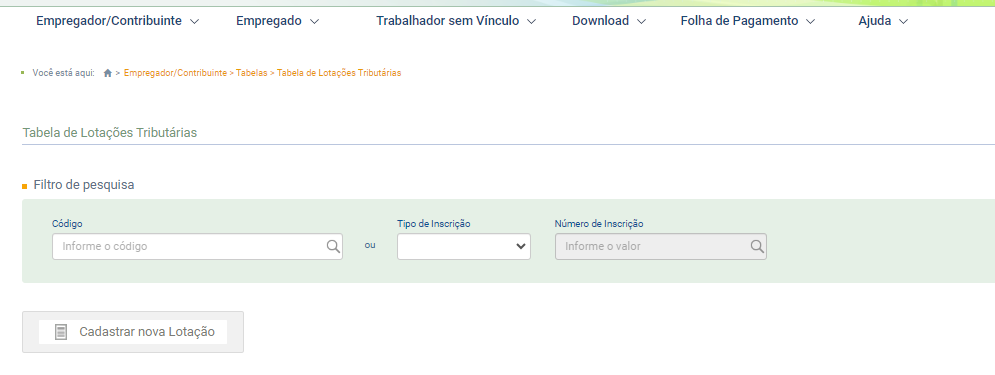 Página do eSocial na Tabela de Lotações Tributárias, exibindo o filtro de pesquisa por código ou inscrição e o botão "Cadastrar nova Lotação".