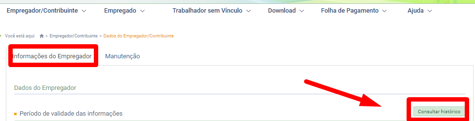 Interface do eSocial na aba Informações do Empregador. Um destaque em vermelho aponta para o botão "Consultar histórico" no canto inferior direito.