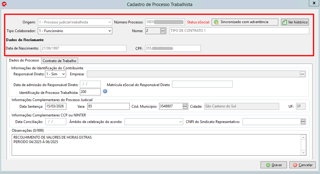 Tela de Cadastro de Processo Trabalhista com a seção superior de identificação e dados do reclamante destacada em vermelho.