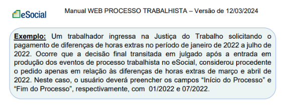 Exemplo do Manual do eSocial sobre preenchimento dos campos de início e fim do processo para diferenças de horas extras.