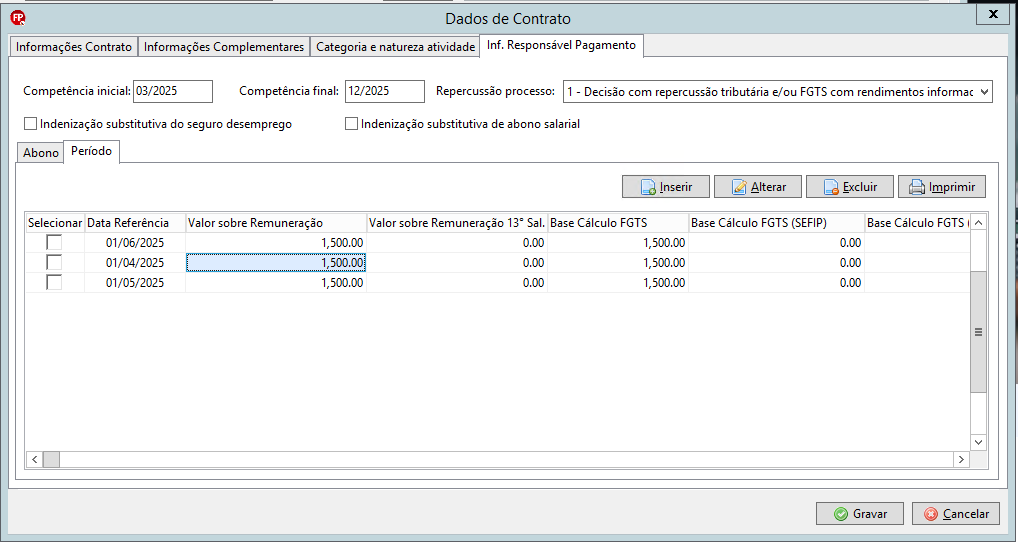 Tela Dados de Contrato na subaba Período, exibindo uma tabela com a listagem dos meses calculados e seus respectivos valores de FGTS e INSS.