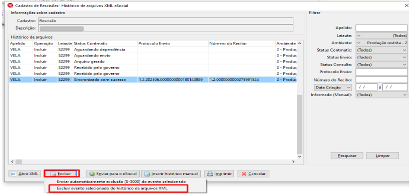Tela de histórico XML com destaque vermelho na opção "Excluir evento selecionado do histórico de arquivos XML".