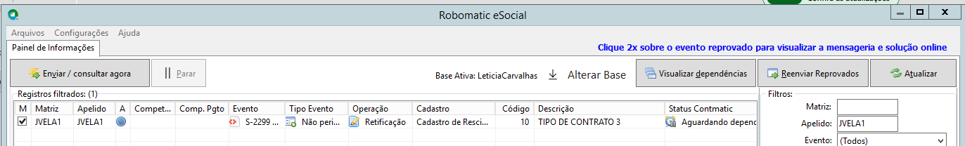 Janela Gerenciamento de Transmissão eSocial mostrando o evento S-2299 com status Sincronizado com sucesso.