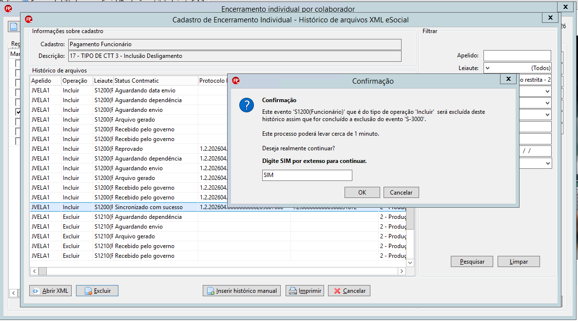 Janela Histórico de Arquivos XML do eSocial com destaque em vermelho no botão para excluir o evento selecionado.