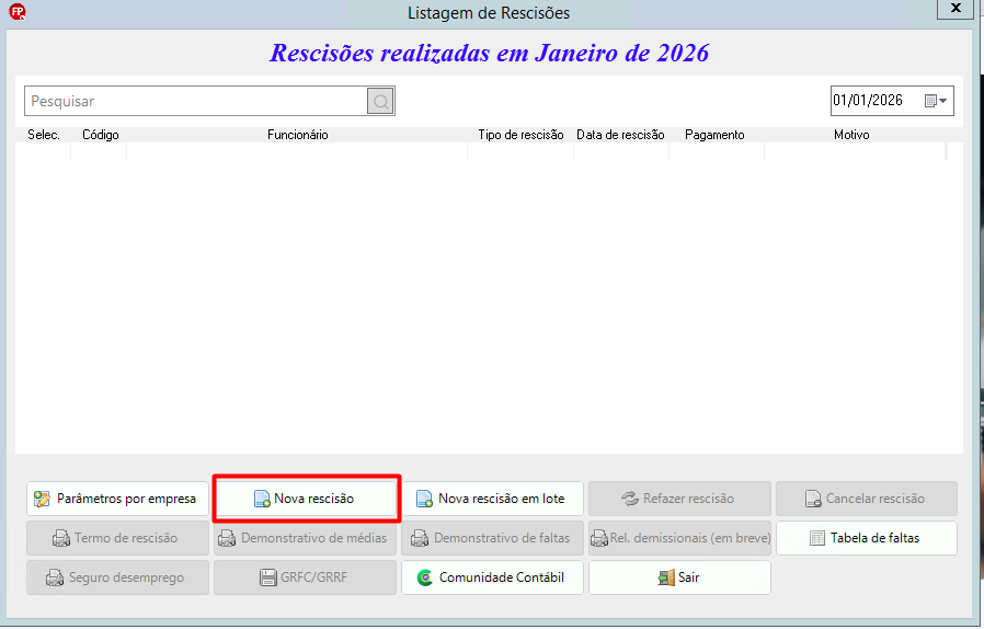 Tela de rescisões destacando em vermelho o botão Excluir (ícone de lixeira) na barra de ferramentas inferior.