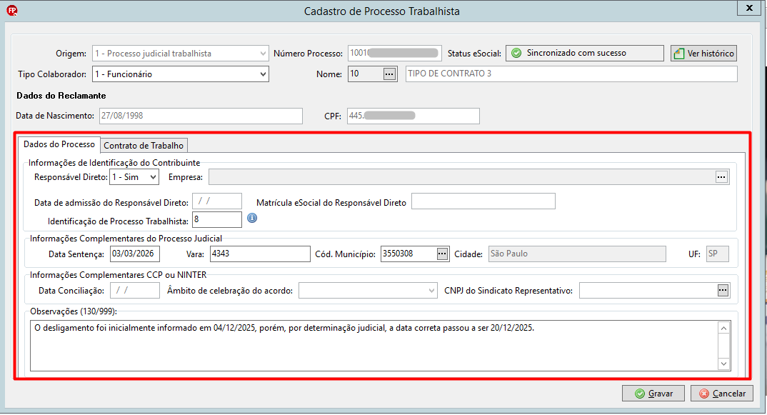 Gerenciamento de Transmissão do eSocial exibindo o novo evento S-2299 com o status Sincronizado com sucesso.
