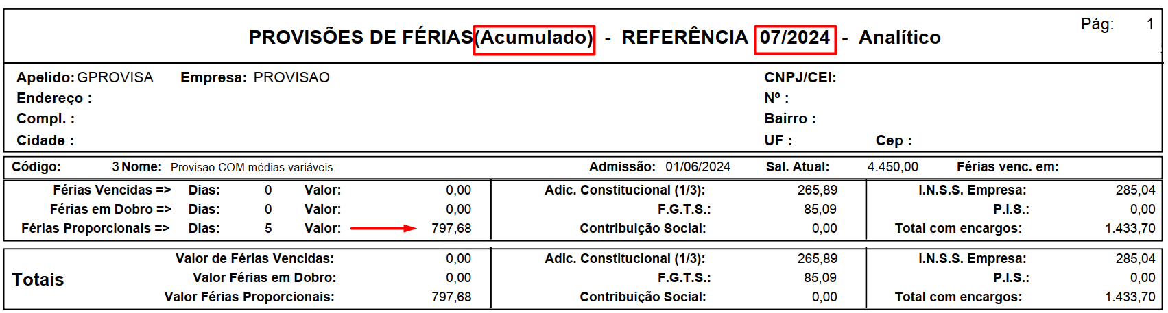 Tela de provisão acumulada atualizada no segundo mês
