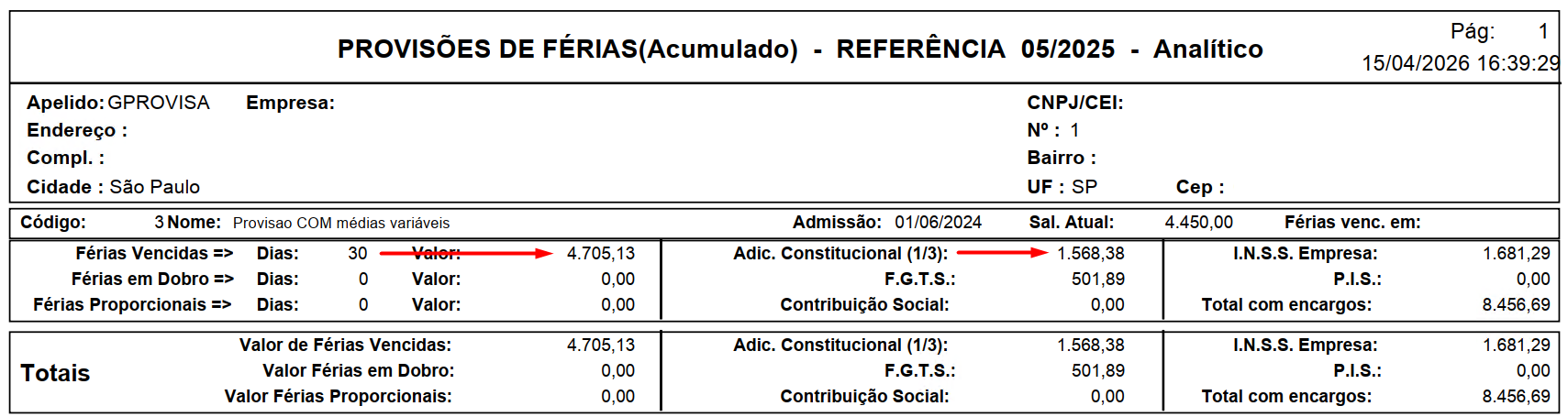 Tela de conferência final do cálculo de férias