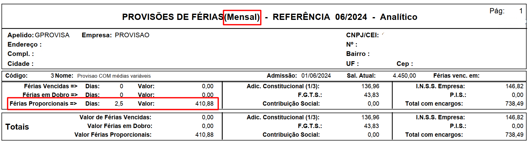 Tela de cálculo da provisão mensal no primeiro mês