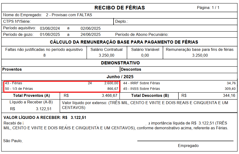 Tela de gozo de férias com saldo de faltas e direito ajustado