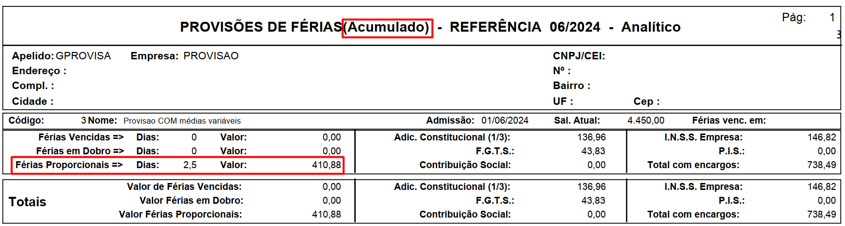 Tela de provisão acumulada no primeiro mês
