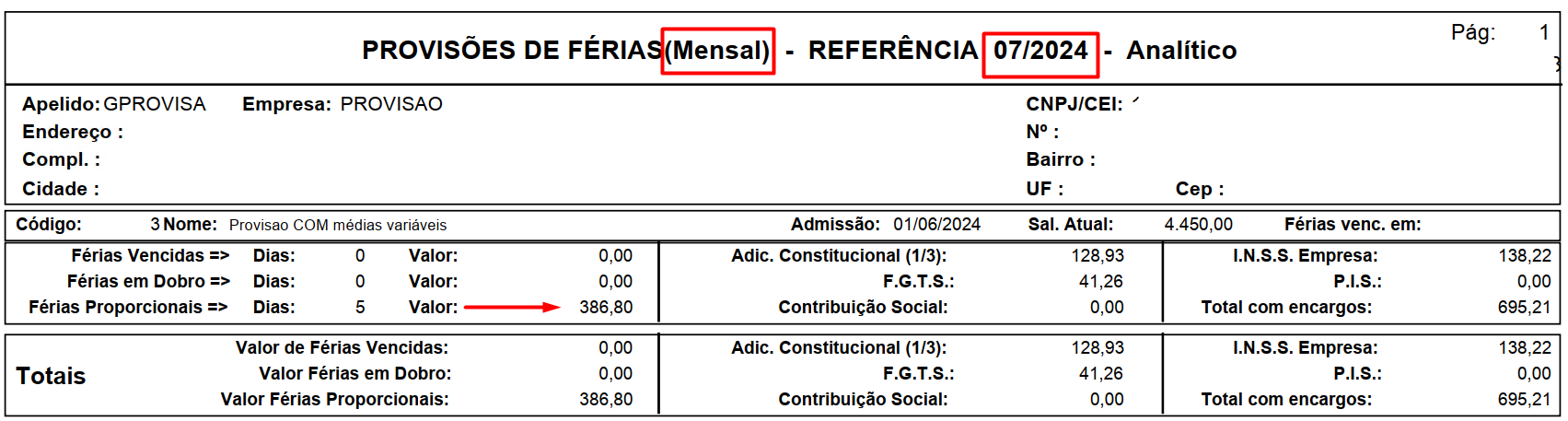 Tela de provisão mensal do segundo mês