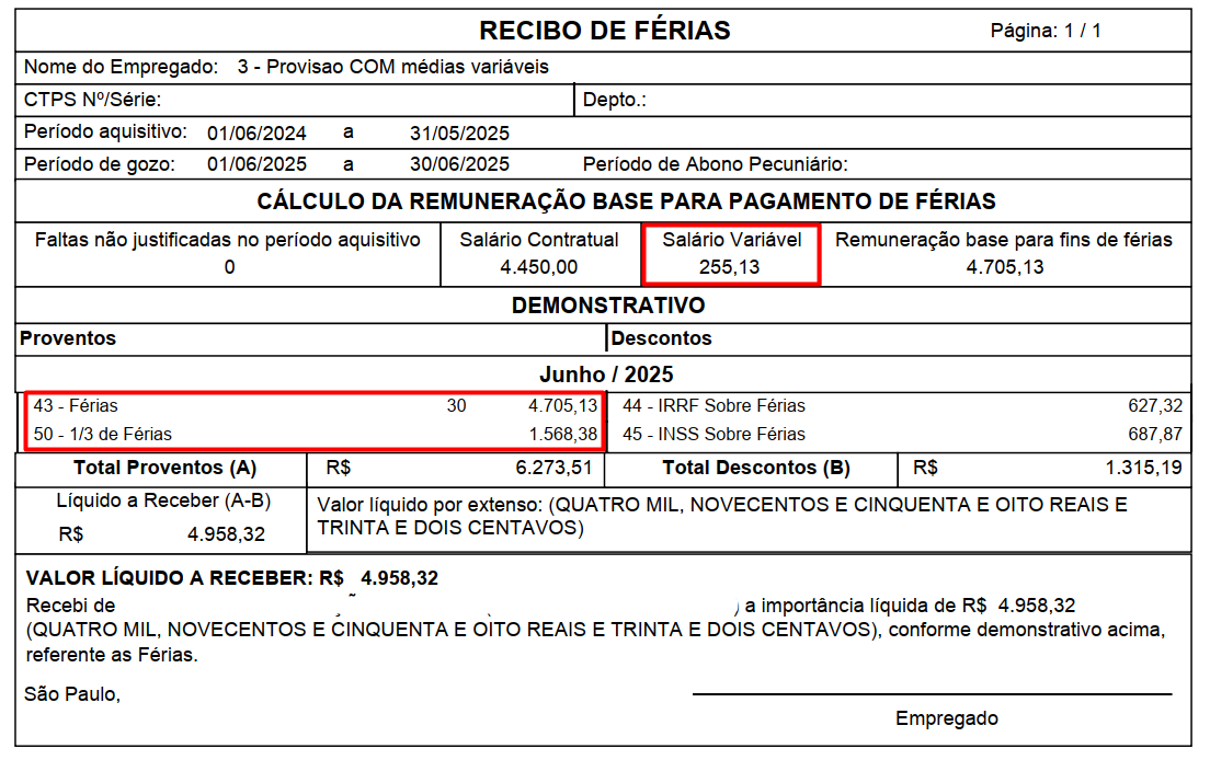 Tela de cálculo de férias com valores provisionados