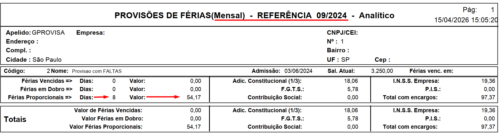 Cálculo da provisão mensal de setembro com impacto de faltas