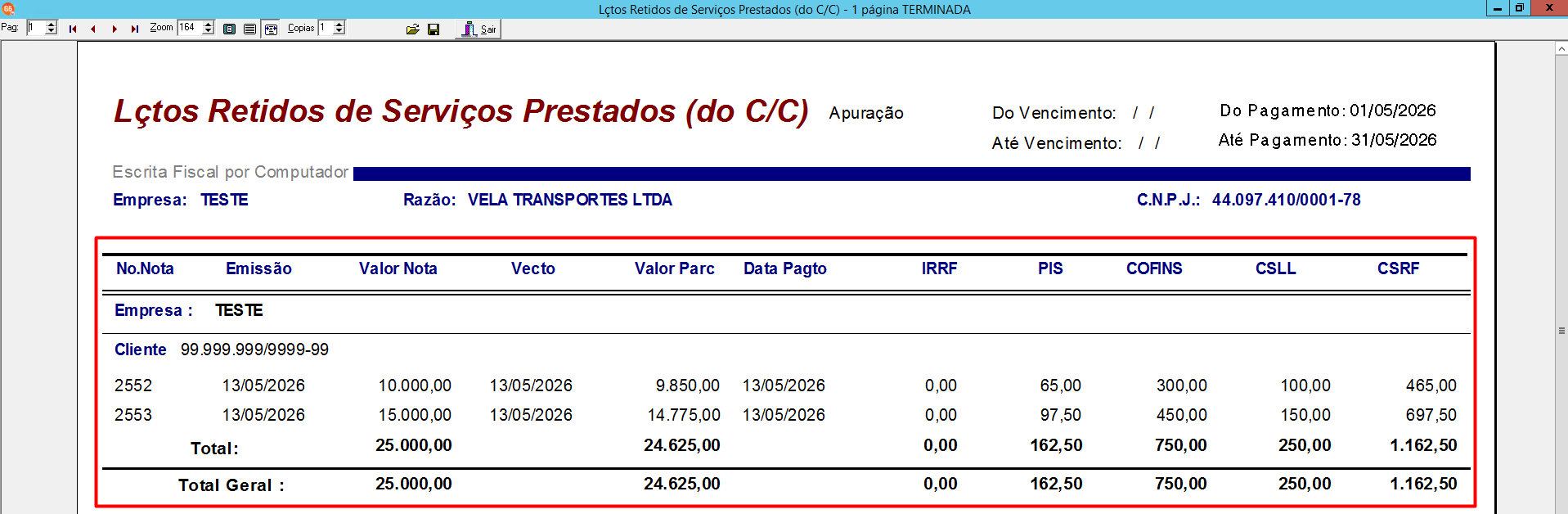 Visualização do relatório de impostos retidos emitido