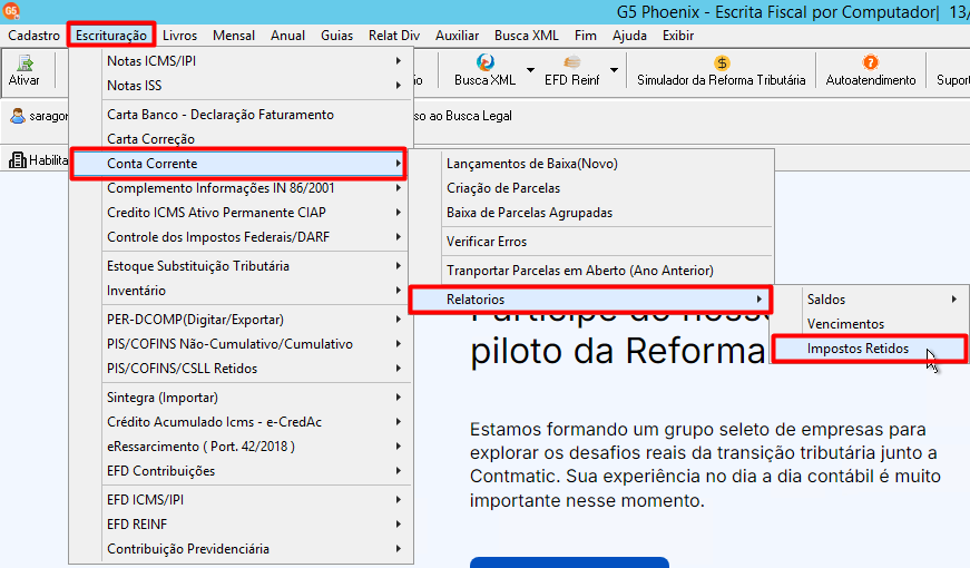 Menu de Relatório de Impostos Retidos no G5