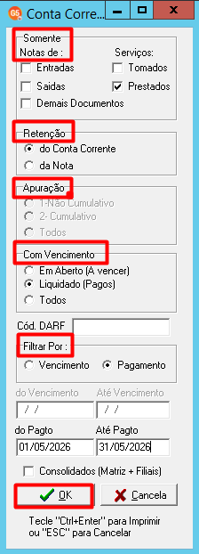 Filtros para emissão do relatório de impostos retidos