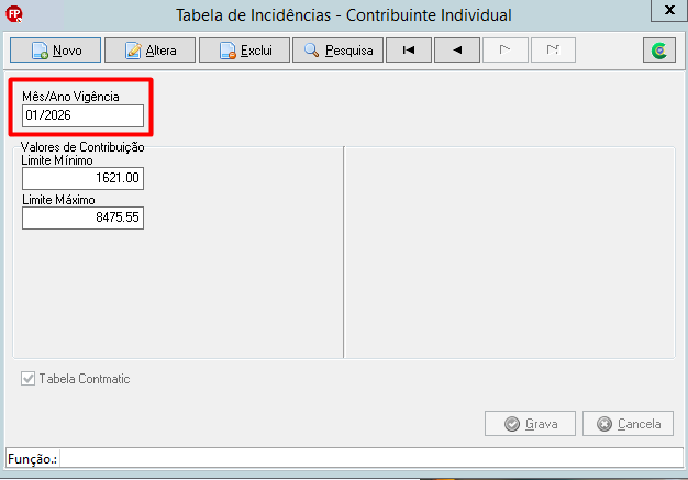 Tela da Tabela de Contribuinte Individual no sistema Folha