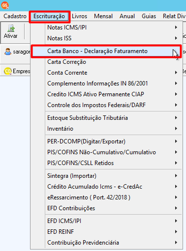 Menu Escrituração e opção Carta Banco