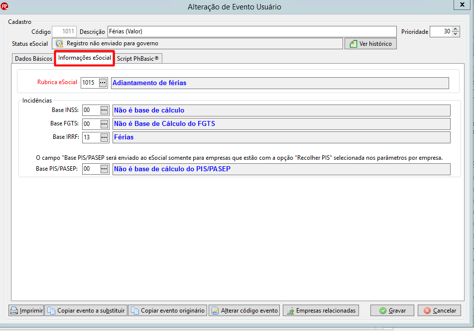 Configuração das incidências e rubrica do eSocial para o evento