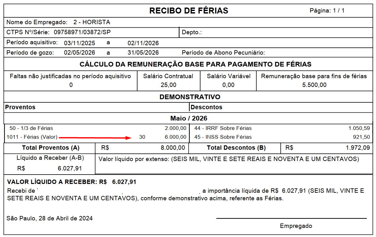 Processamento final de férias com base de cálculo ajustada