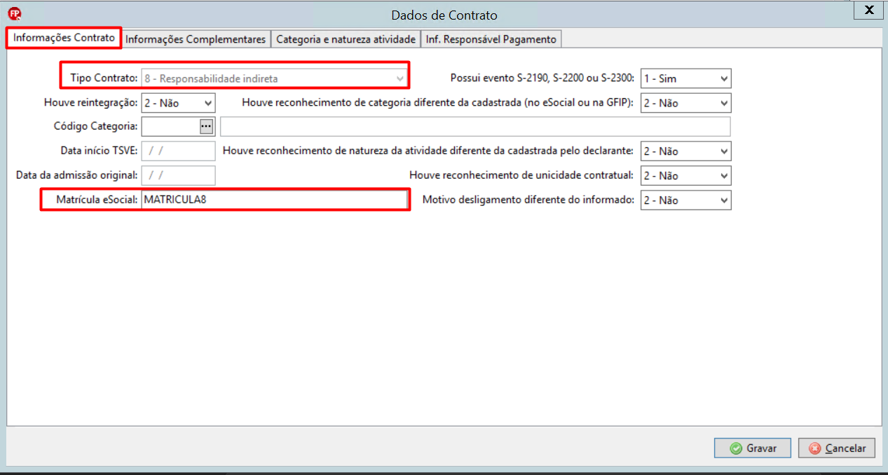 Configuração do Tipo de Contrato 8 e nova matrícula eSocial