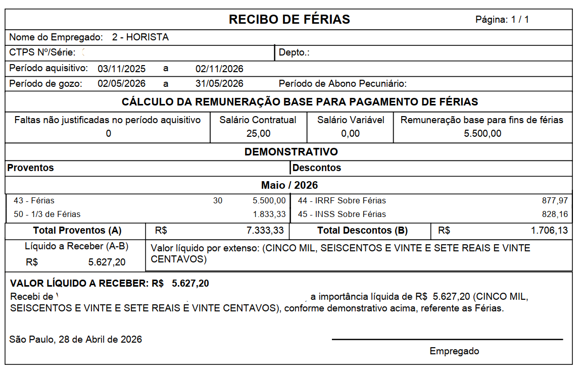 Tela de processamento de férias no sistema Folha