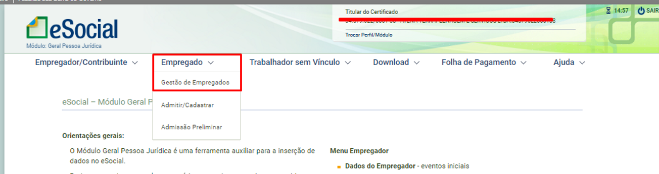 Menu Empregado e Gestão de Trabalhadores no portal do eSocial