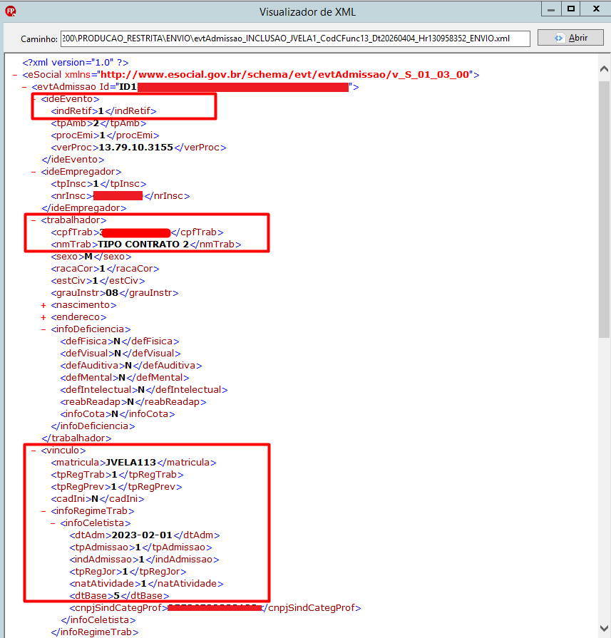 Visualizador de XML do eSocial exibindo a estrutura do evento de admissão original, dados do trabalhador e o vínculo em regime CLT.