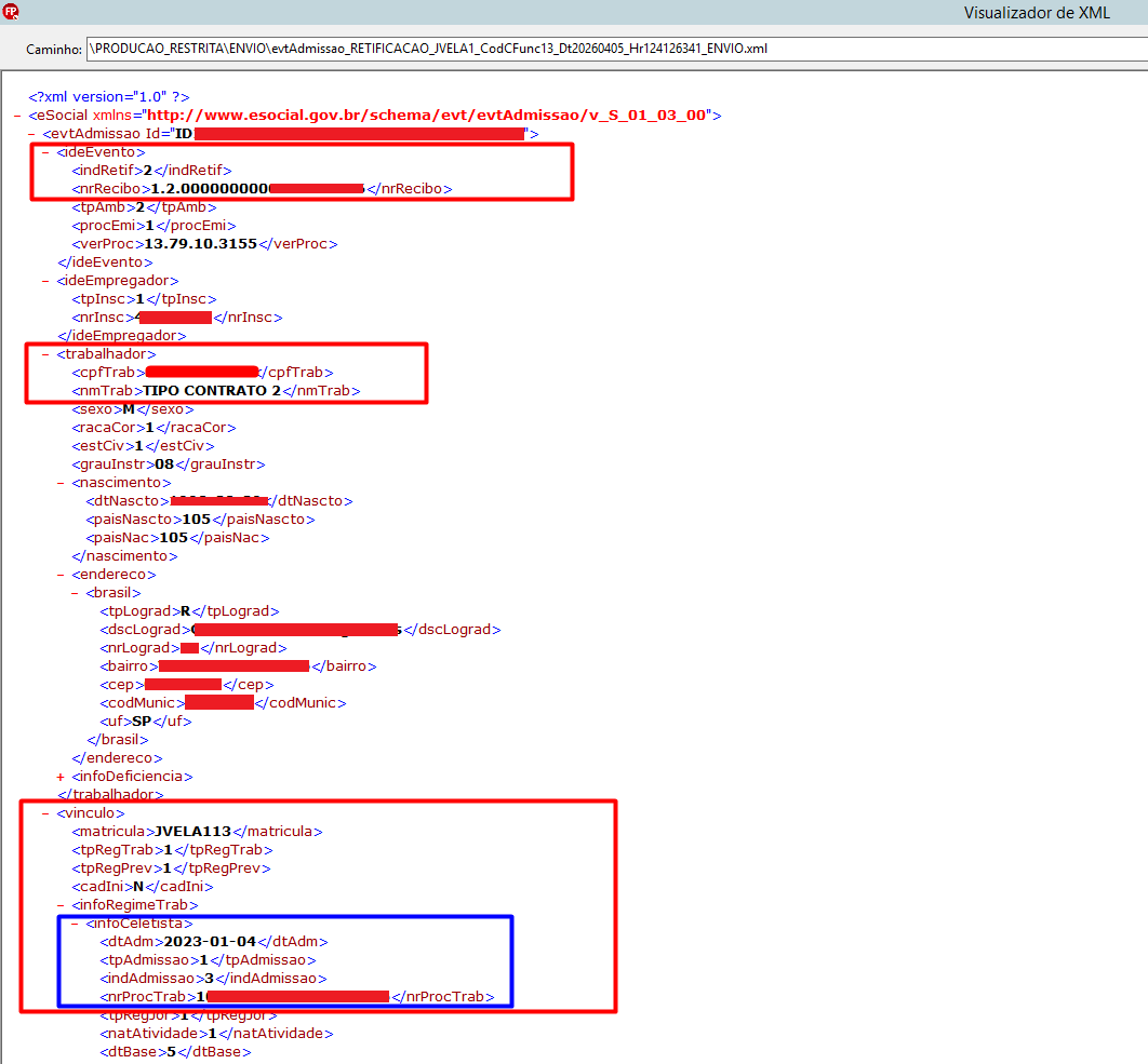 Visualizador de XML mostrando a retificação da admissão para a data de 04/01/2023 e o número do processo judicial.