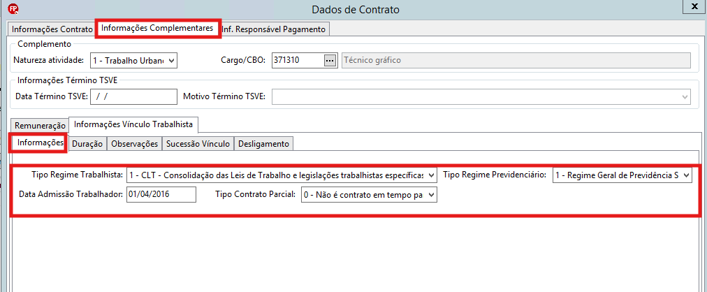 Aba "Informações Vínculo Trabalhista" detalhando tipo de regime CLT, regime previdenciário e data de admissão.