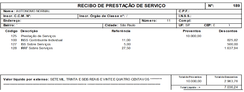 Recibo de Prestação de Serviço número 189 para "Autônomo Normal", com provento de 10.000,00 e descontos de INSS, ISS e IRRF.