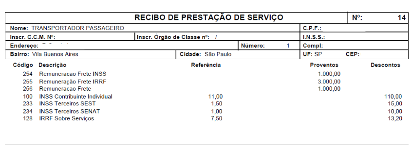 Parte superior de um Recibo de Prestação de Serviço número 14 para "Transportador Passageiro", com os códigos de frete, INSS, SEST, SENAT e IRRF.